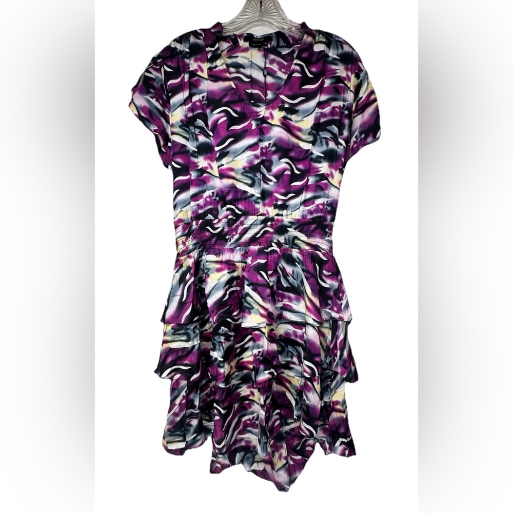 VERTIGO Dress Women’s Size Medium Blouson Flare Tiered Cinched‎ Purple Blue Work